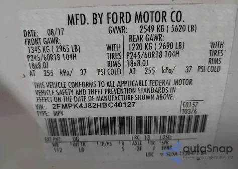 2017 Ford Edge Sel из США, поврежденный, VIN 2FMPK4J82HBC40127